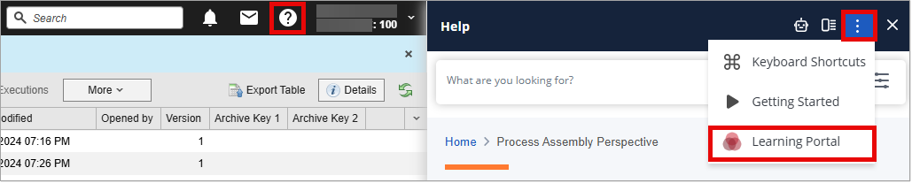 Screenshot showing the expanded dropdown where the link to the Learning Portal is available.