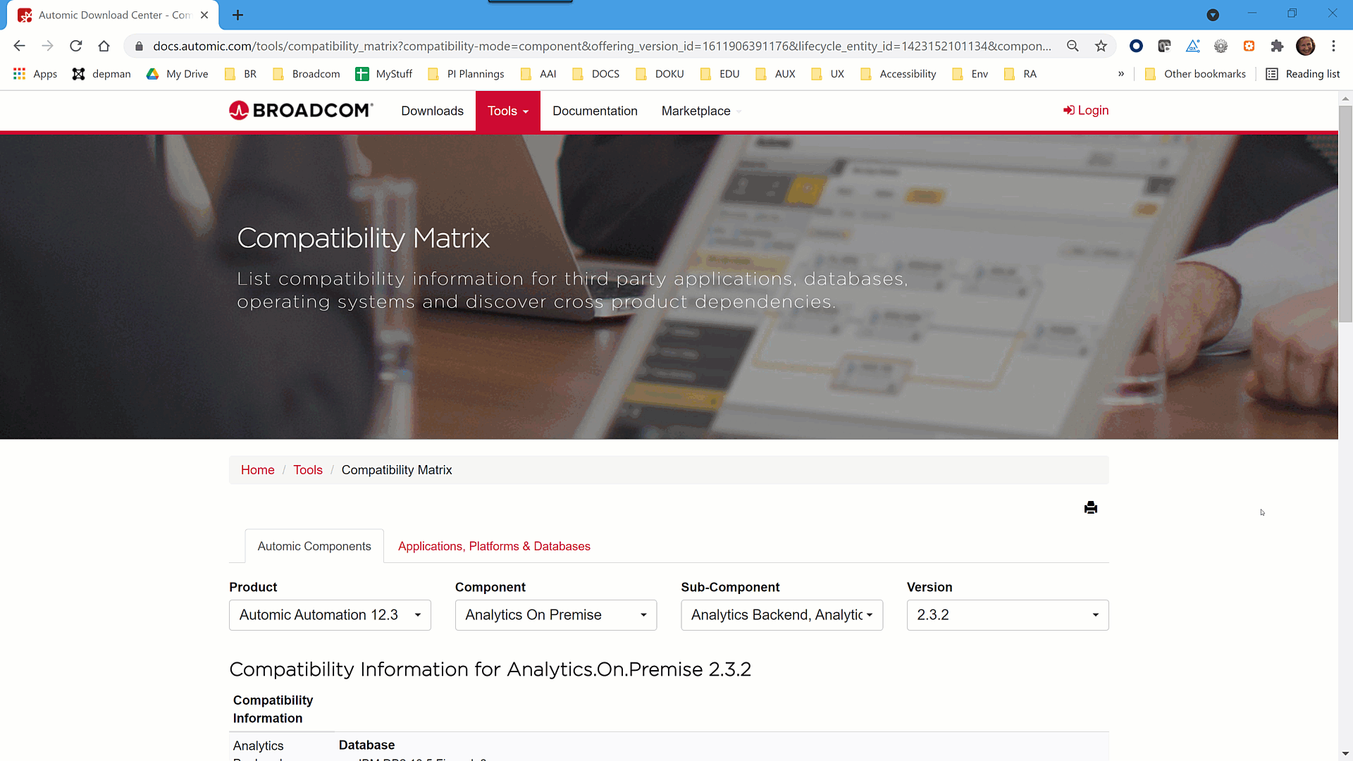 Scroll for compatibility data Animated gif with the compatibility matrix page containing information on the selected product, component, sub componene and version, where the image scrolls down to show the entire information